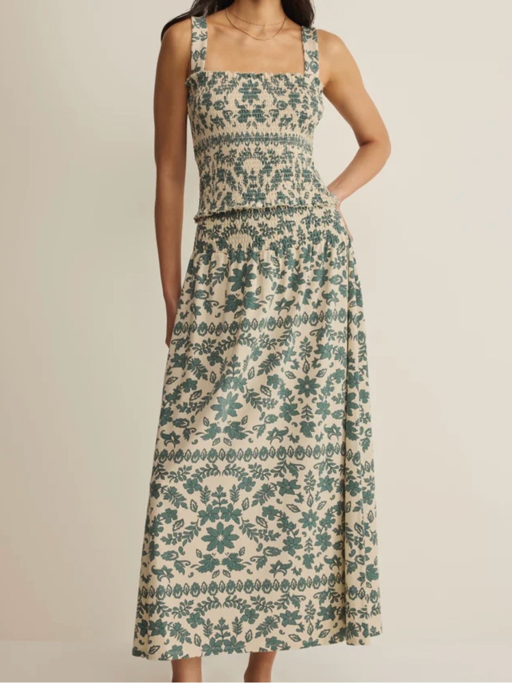 Z Supply Leya Tera Paisley Maxi Skirt Set - Ivory and Green Size XS